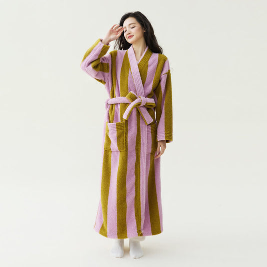 Contrast Stripe Plush Warm Robe - Dark Pink - XL - image 0