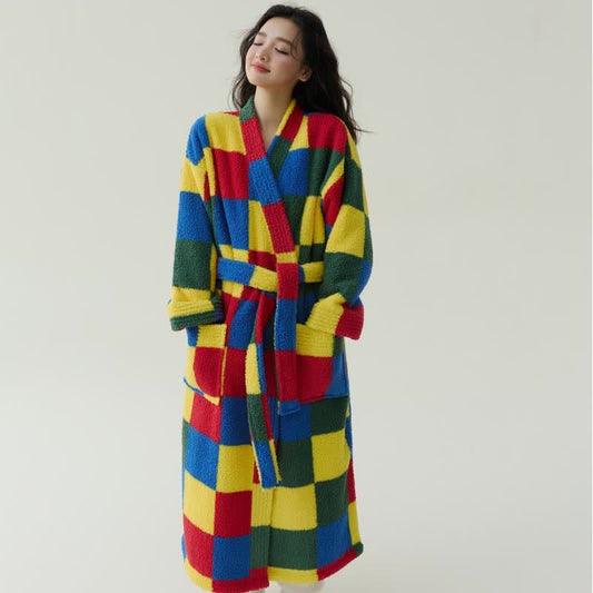 Colorful Plaid Plush Warm Long Robe - image 1