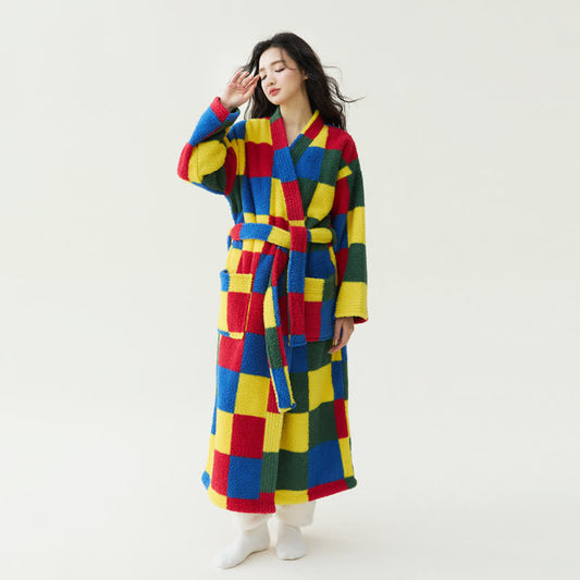 Colorful Plaid Plush Warm Long Robe - XL - image 0