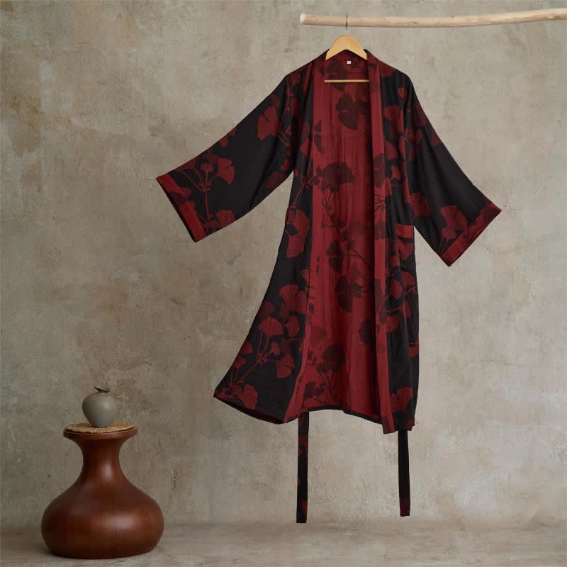 Large Ginkgo Leaf Cotton Kimono Robe - Black & Red - 2XL - image 10