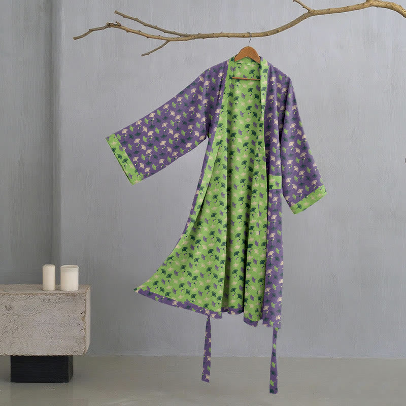 Two-Tone Ginkgo Cotton Gauze Kimono Robe - Purple & Green - 2XL - image 20