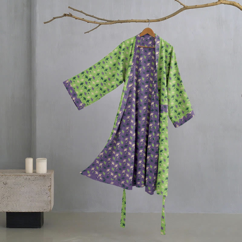 Two-Tone Ginkgo Cotton Gauze Kimono Robe - Green & Purple - 2XL - image 22
