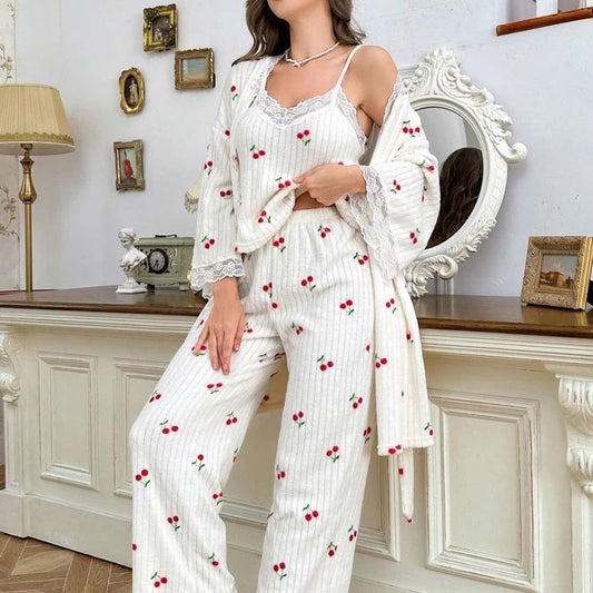 Cherry Print Lace Trim Pajama Set(3PCS) - XL - image 0