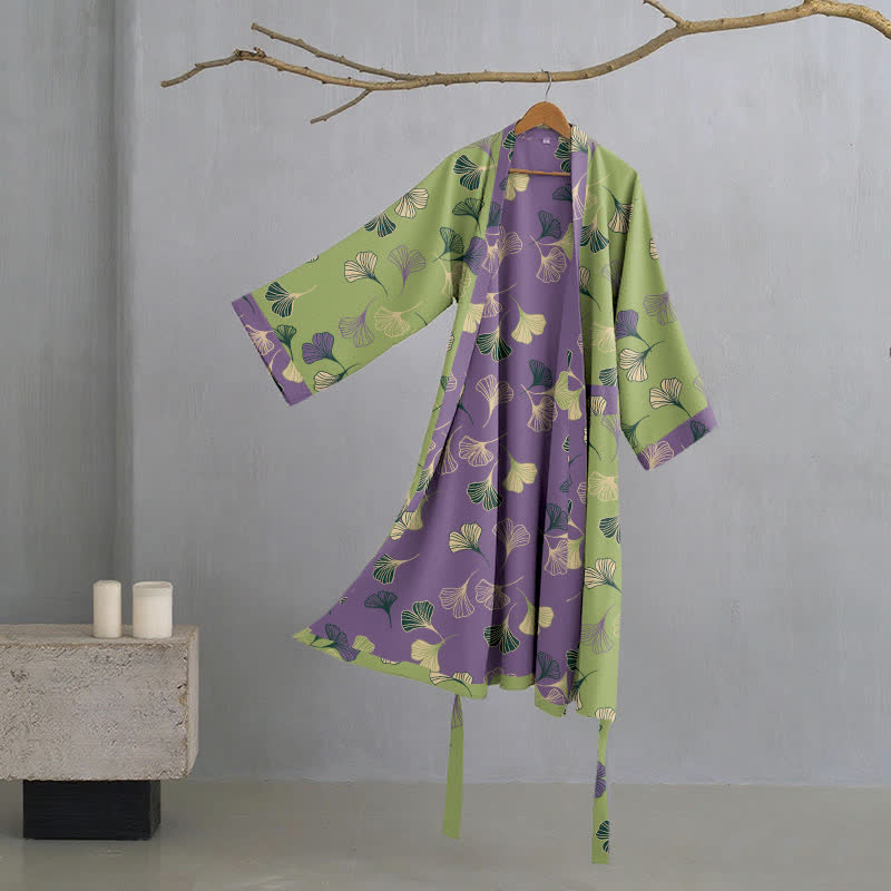 Ginkgo Biloba Cotton Gauze Kimono Robe - Green & Purple - 2XL - image 29