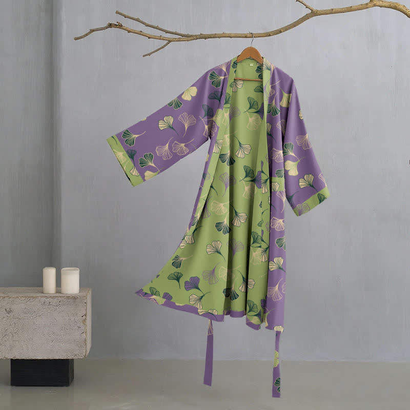 Ginkgo Biloba Cotton Gauze Kimono Robe - Purple & Green - 2XL - image 27