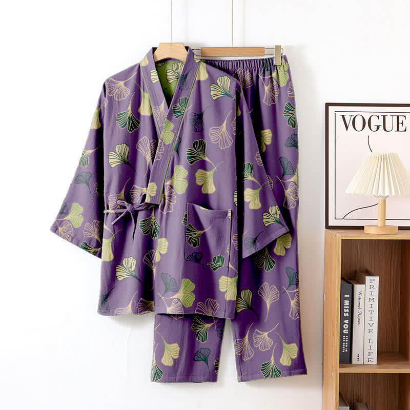 Ginkgo Cotton Gauze Kimono Loungewear Set - Purple - XL - image 38