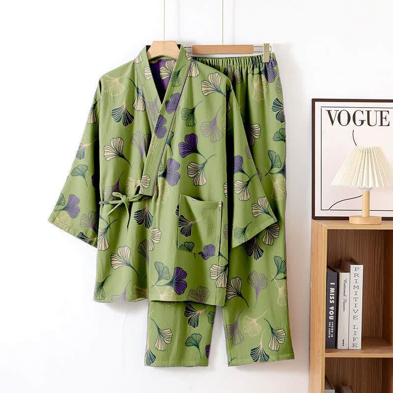 Ginkgo Cotton Gauze Kimono Loungewear Set - Light Green - XL - image 41