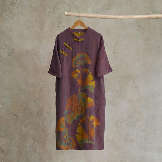 Ginkgo Leaf Print Cotton Cheongsam Nightgown - Purple - L - image 1