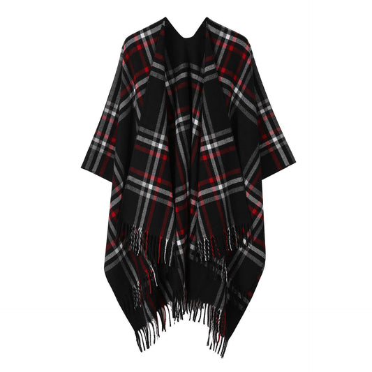 Classic Plaid Tassel Shawl Cape - Black - 53"W x 63"L - image 0
