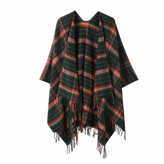 Vintage Plaid Tassel Travel Shawl Cape - Dark Green - 53"W x 63"L - image 1