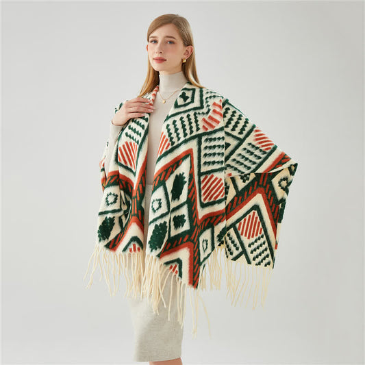 Ethnic Geometric Pattern Tassel Shawl Cape - image 1