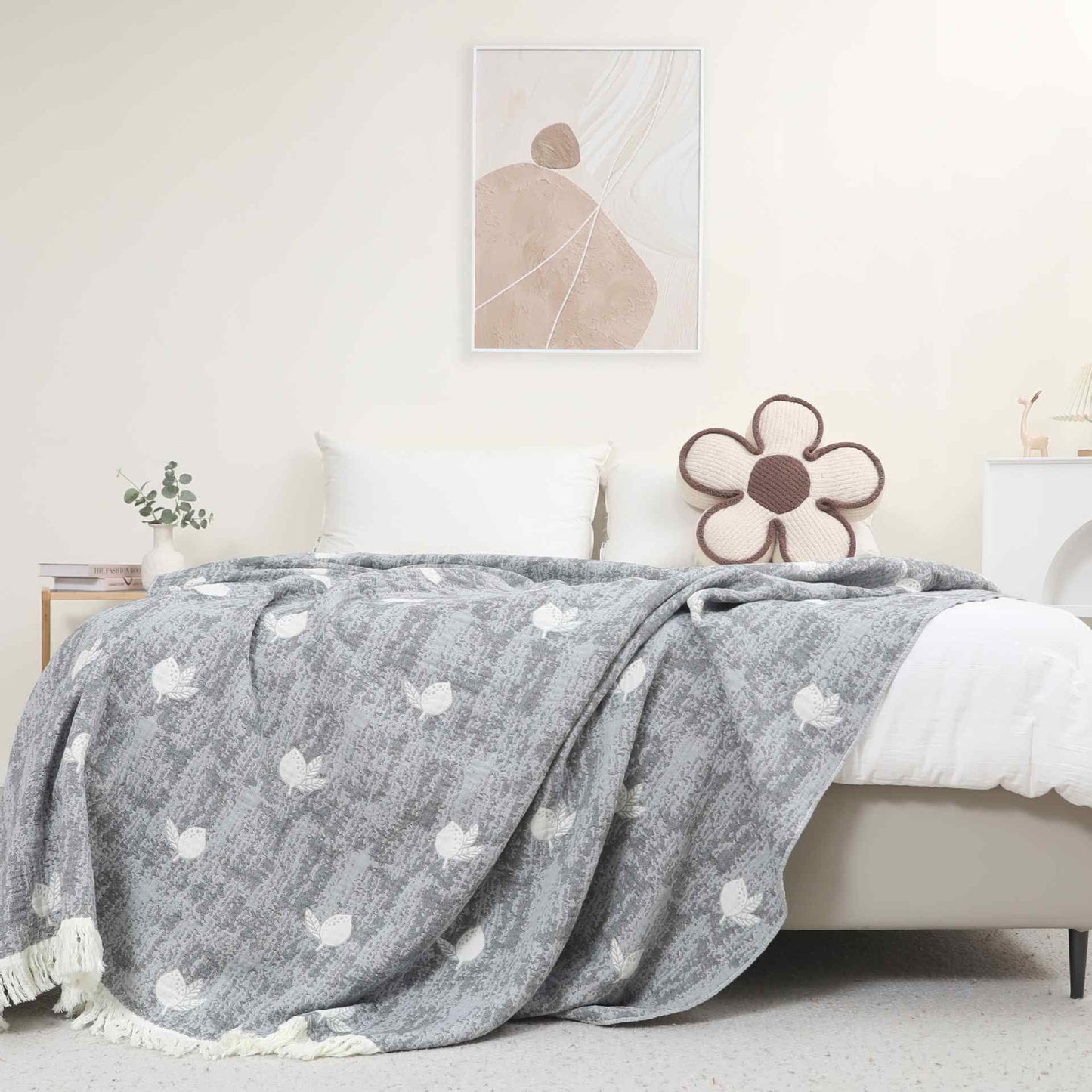 Lemon Natural Cotton Gauze Tassel Quilt - Grey - Queen - image 3