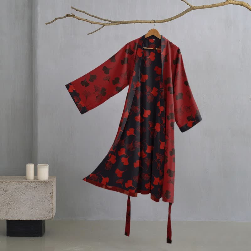 Ginkgo Biloba Cotton Gauze Kimono Robe - Red & Black - 2XL - image 32