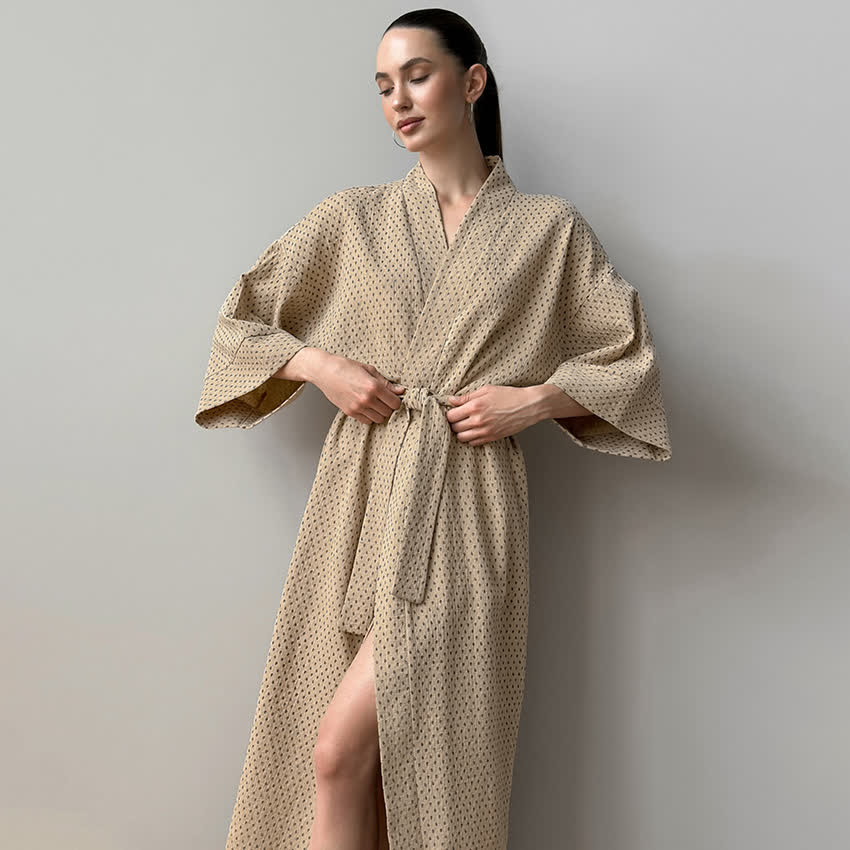 Polka Dot Print Cotton Long Robe - Khaki - L - image 8