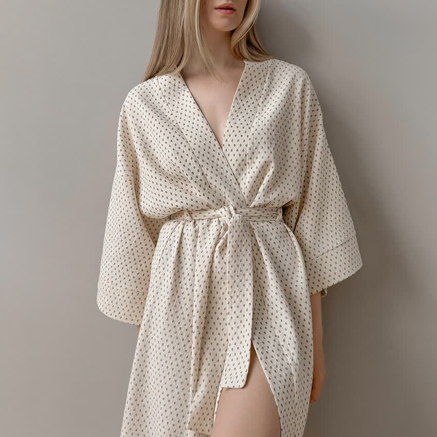 Polka Dot Print Cotton Long Robe - image 5
