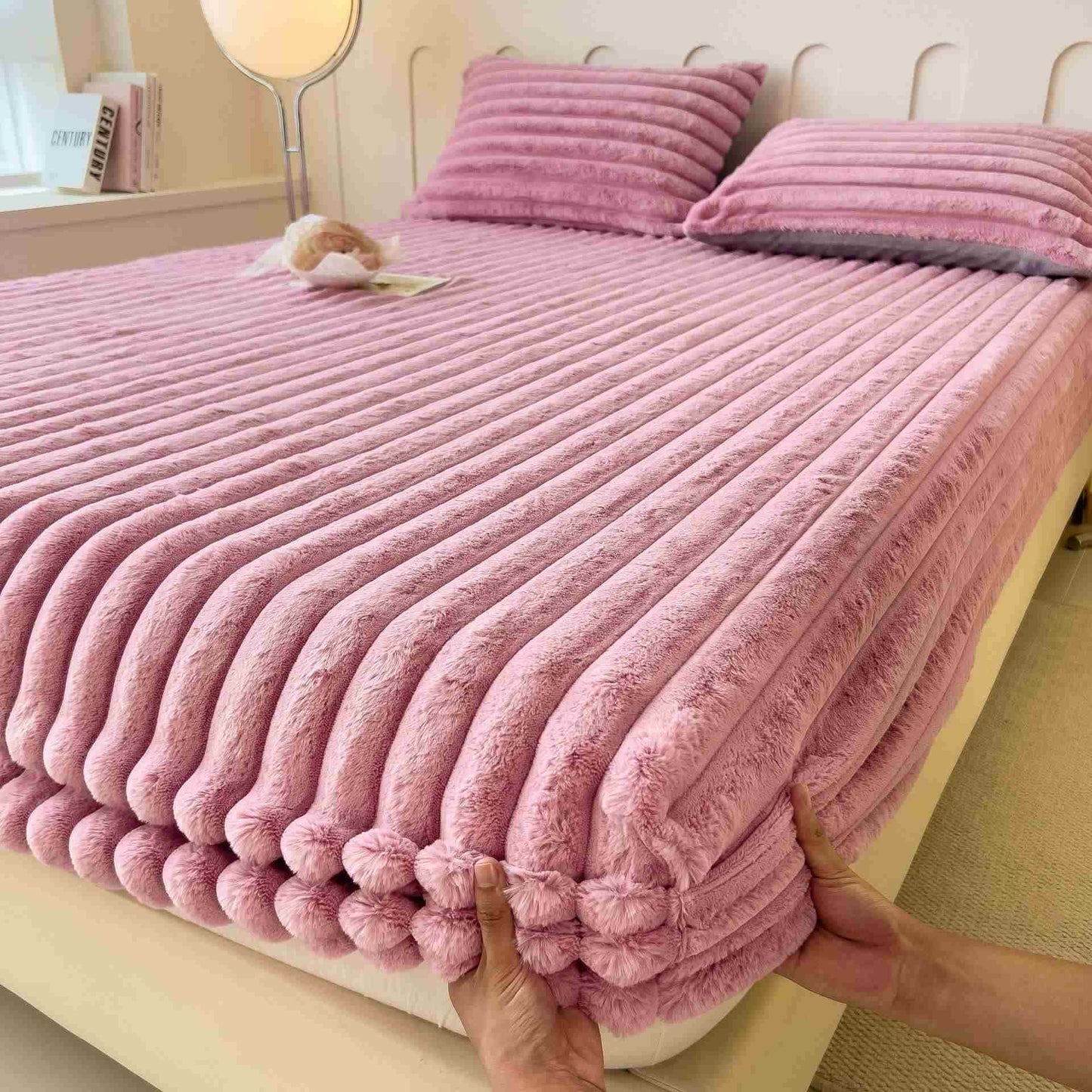 Simple Plush Fleece Warm Fitted Sheet - Purple - Sheet with 2PCS Pillowcases - King - image 12
