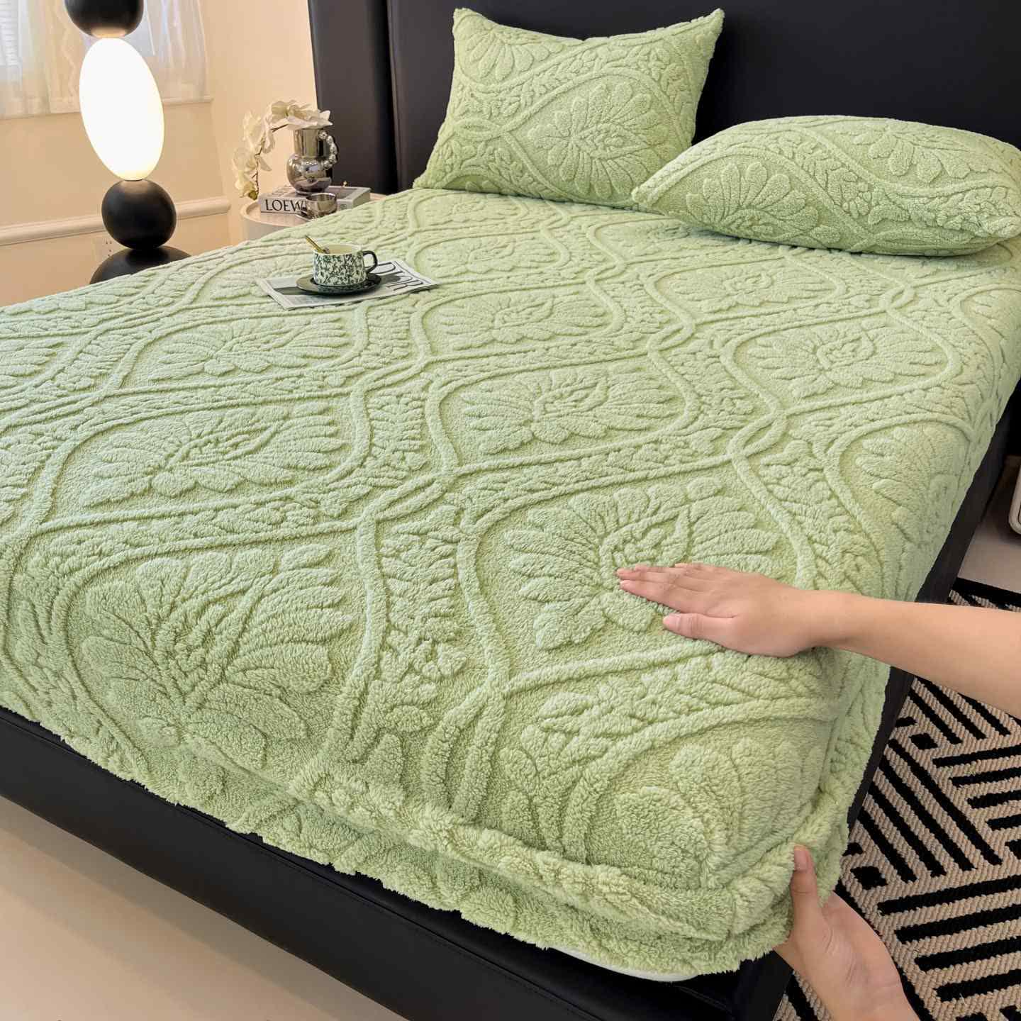 Wave Floral Fleece Warm Fitted Sheet - Green - Sheet with 2PCS Pillowcases - King - image 5