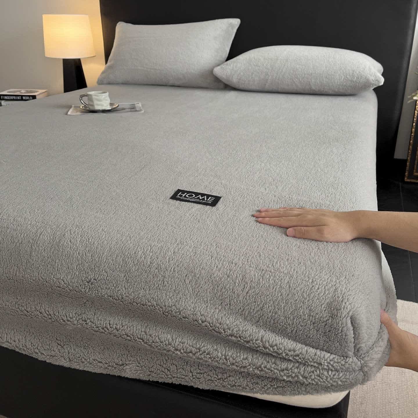 Solid Color Plush Warm Fitted Sheet - Grey - Sheet with 2PCS Pillowcases - King - image 8