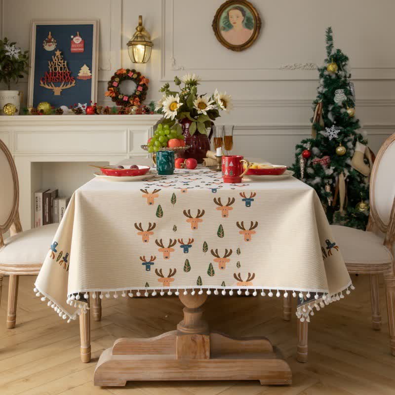 Christmas Reindeer Jacquard Beige Tablecloth - 55" x 102" - image 0