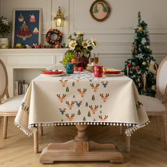 Christmas Reindeer Jacquard Beige Tablecloth - 55" x 102" - image 0