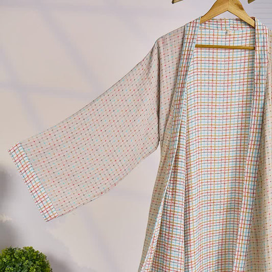 Colorful Gingham Cotton Gauze Kimono Robe - image 1