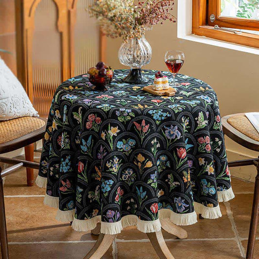 Vintage Blooming Bouquet Tassel Tablecloth - Black - Round 55" - image 1
