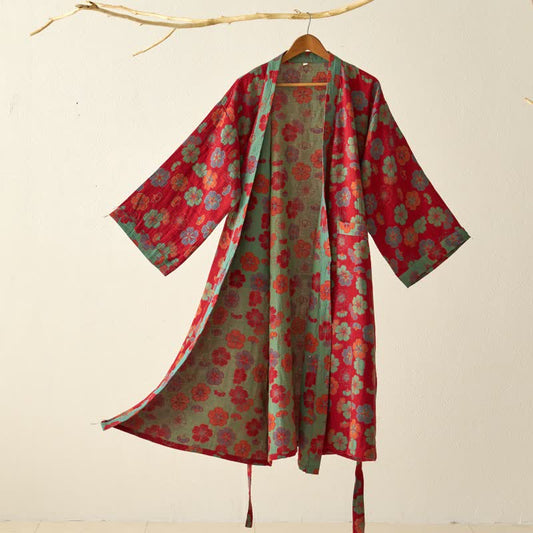 Plum Blossom Cotton Gauze Kimono Robe - Red - XL - image 0