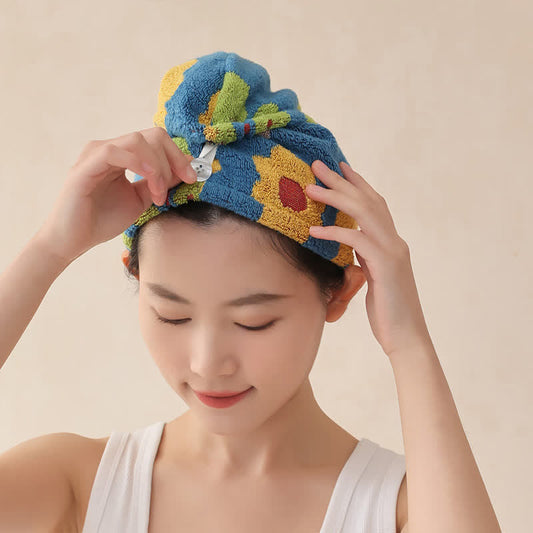 Animal Floral Yarn-dyed Cotton Hair Towel - Blue - 2PCS - 9" x 21" - image 0