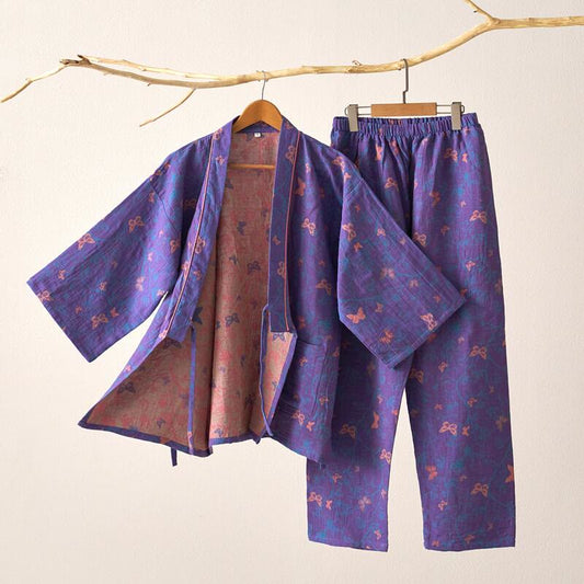 Butterfly Cotton Gauze Kimono Loungewear Set - Purple - XL - image 0