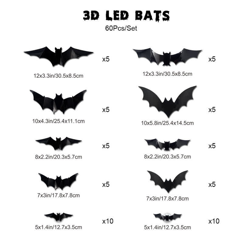 Halloween 3D LED Bat Glitter Wall Decoration - 60PCS - image 14