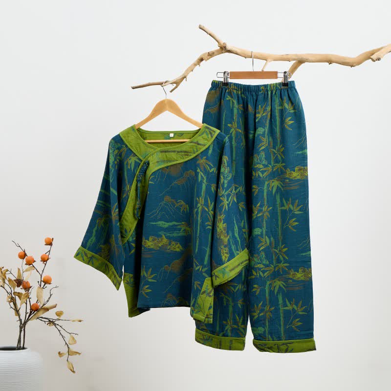 Bamboo Oriental Tassel Cotton Pajama Set - Blue - 2XL - image 8