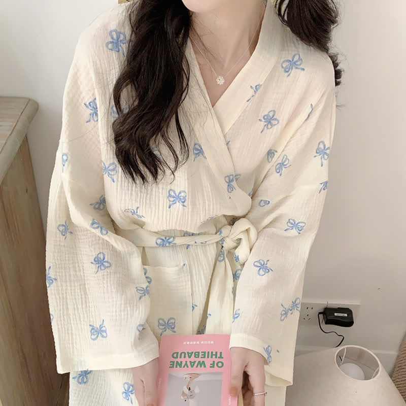 Blue Bow Print Kimono Robe - image 7