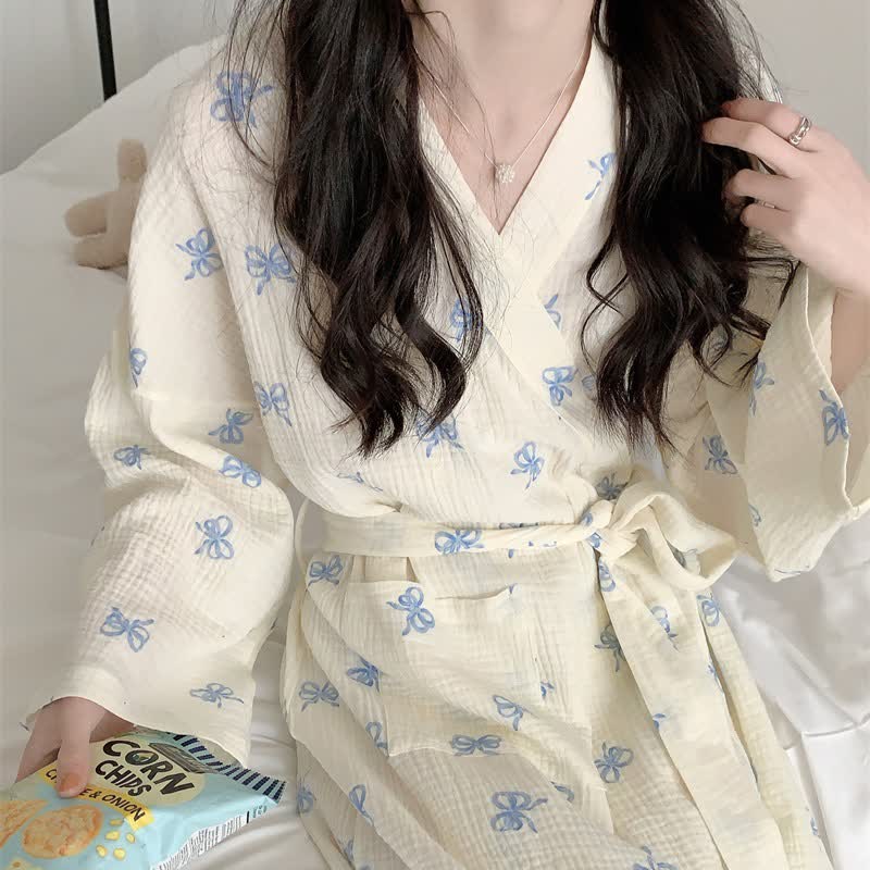 Blue Bow Print Kimono Robe - image 5
