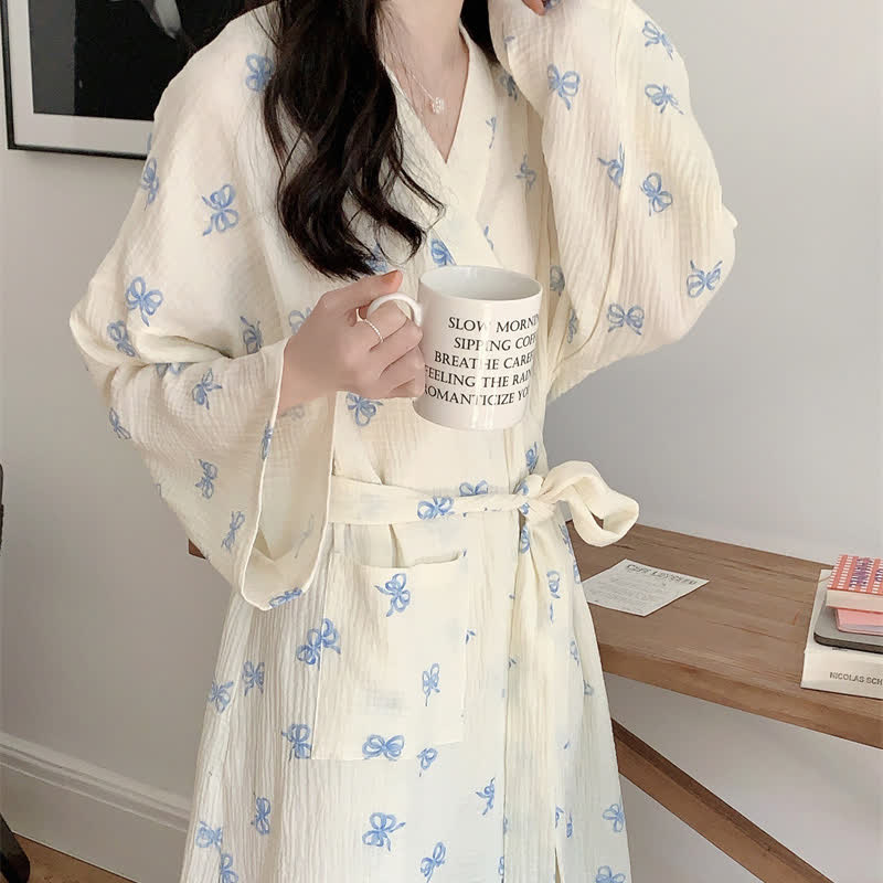 Blue Bow Print Kimono Robe - image 3