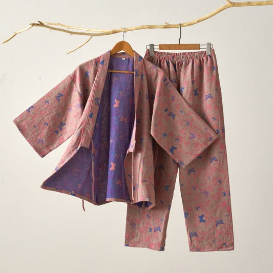 Butterfly Cotton Gauze Kimono Loungewear Set - Brown - XL - image 1