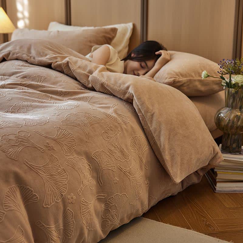 Ginkgo Floral Embossed Fleece Bedding Set(4PCS) - Brown - Queen - image 4