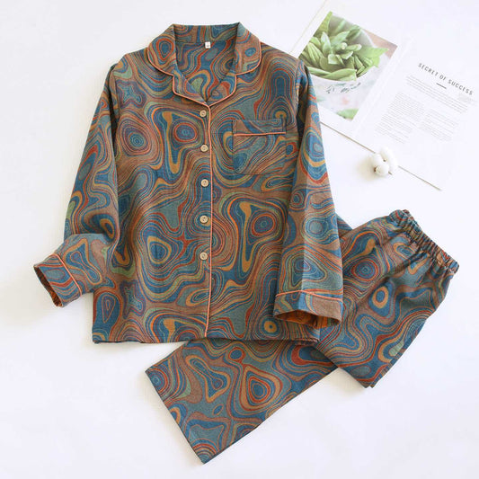 Artistic abstract Cotton Pajama Set - Blue & Orange - XL - image 1