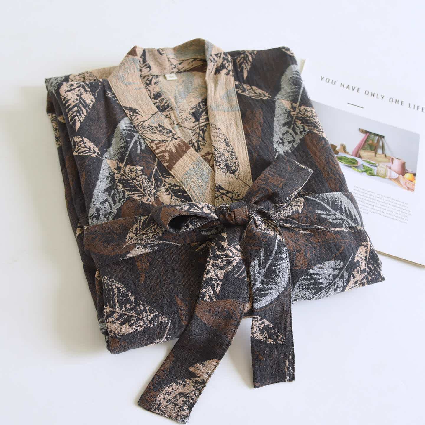 Leaf Jacquard Cotton Kimono Bathrobe - image 2