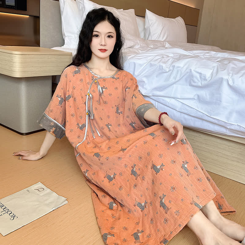 Plus Size Double Layer Cotton Nightgown - Orange - 5XL - image 5