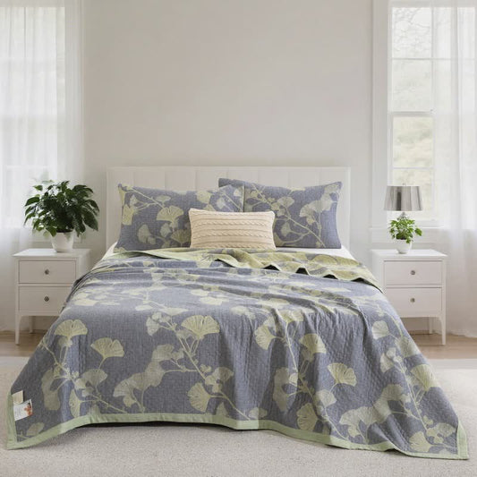 Ginkgo Inspired Natural Cotton Reversible Quilt - Blue - Quilt with 2PCS Pillowcases - Cal King - image 0