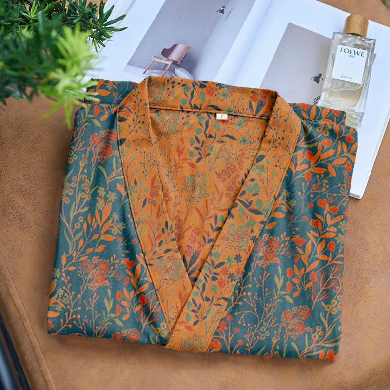 Vintage Leaf Cotton Gauze Kimono Robe - image 1