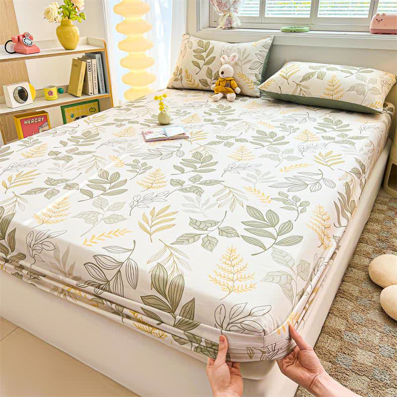 Natural Style Leaf Cotton Fitted Sheet - Fitted Sheet with 2PCS Pillowcases - King - image 0