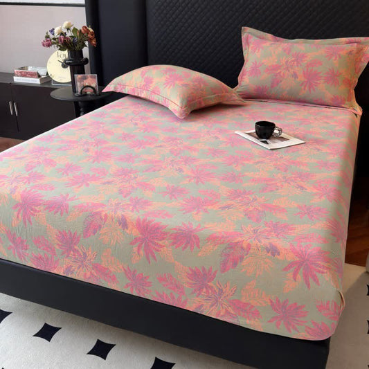 Artistic Leaf Cotton Gauze Fitted Sheet - Light Green - Fitted Sheet with 2PCS Pillowcases - Queen - image 0