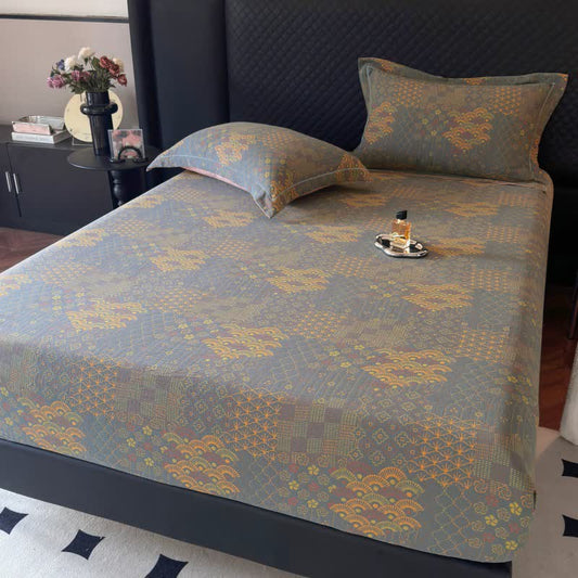 Retro Fan Pattern Cotton Fitted Sheet - Grey Green - Fitted Sheet with 2PCS Pillowcases - Queen - image 0