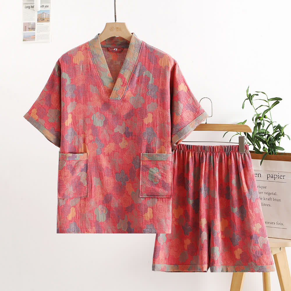 Rural Style Cotton Gauze V-neck Nightwear Set - Pink - XL - image 2