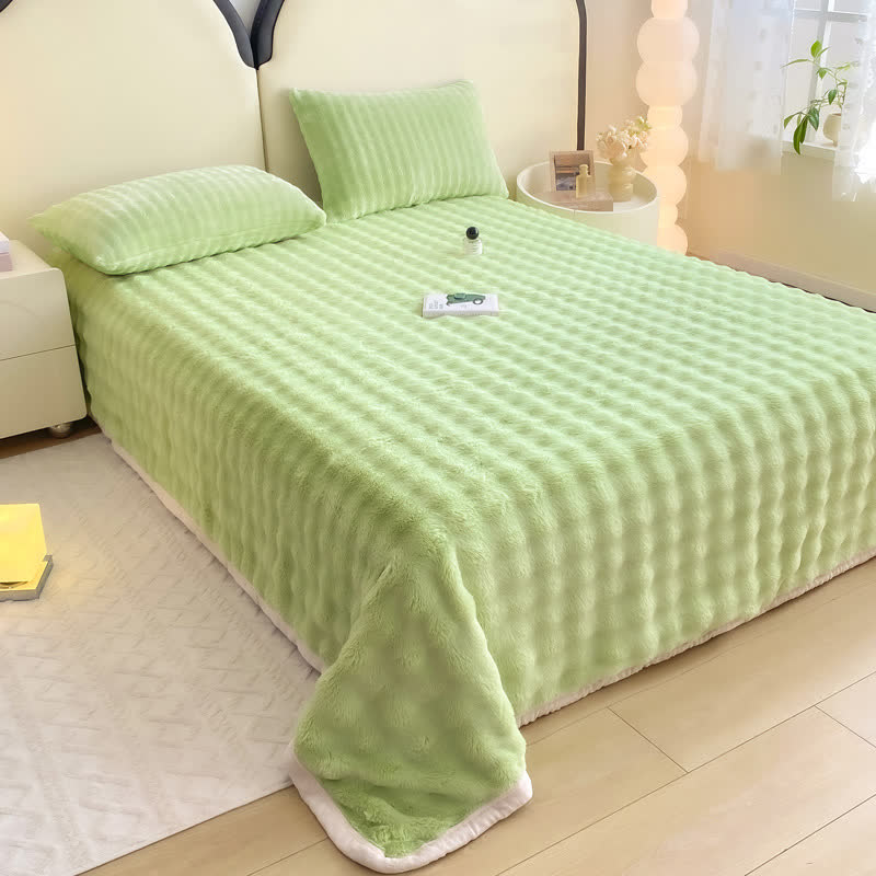 Ownkoti Textured Faux Rabbit Fur Coverlet - Green - Sheet with 2PCS Pillowcases - King - image 4