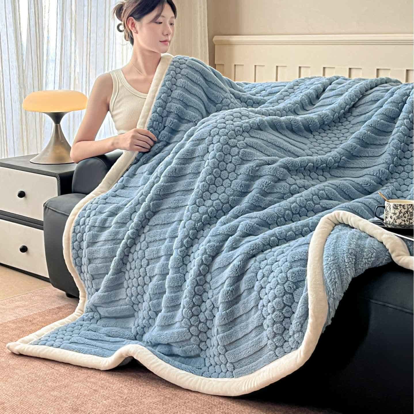 Ownkoti Geometric textured Plush Throw Blanket - Blue - Queen - image 5