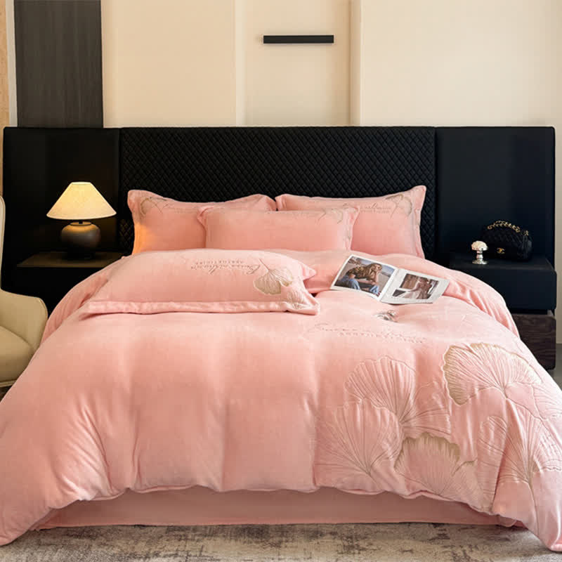 Ownkoti Elegant Ginkgo Leaf Plush Bedding Set(4PCS) - Pink - King - image 9