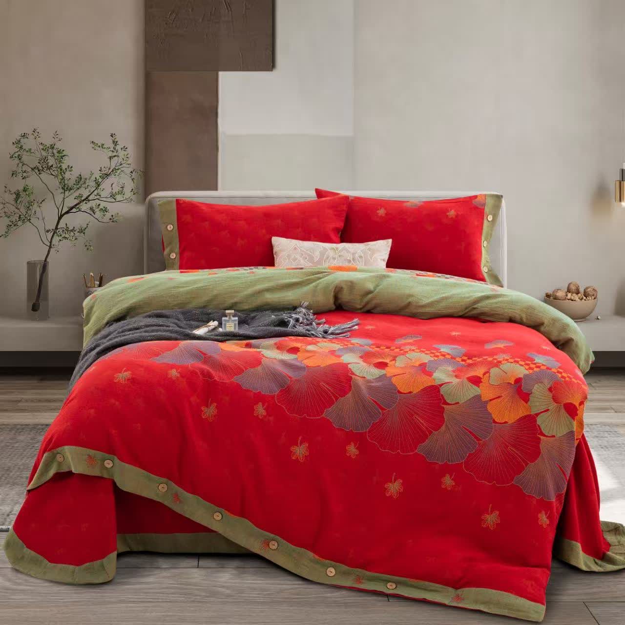 Ownkoti Ginkgo Leaf Pure Cotton Gauze Bedding(4PCS) - King - image 0