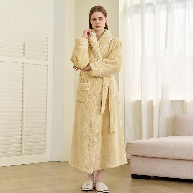 Luxury Double-Layer Fleece Long Robe - White Yellow - Women: 3XL - image 14